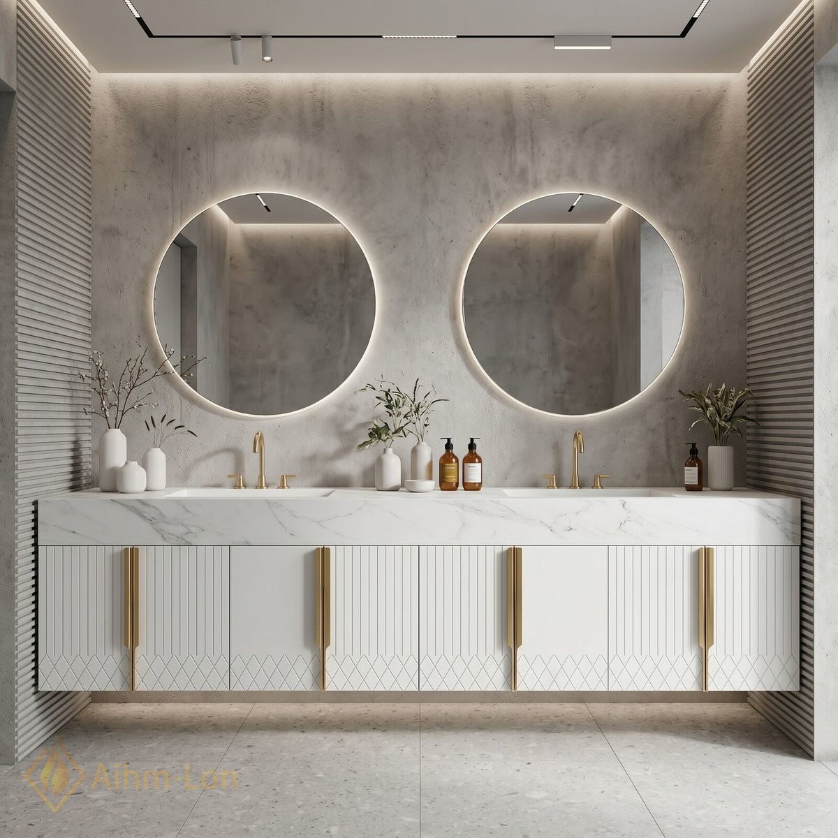 78''-96'' Double Bathroom Vanity with Sink White Marble Look Top Slatted Doors