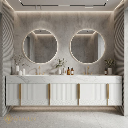 78''-96'' Double Bathroom Vanity with Sink White Marble Look Top Slatted Doors