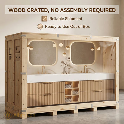 60''-96'' Double Bathroom Vanity with Sink Ribbed Wood Texture Front Open Shelving