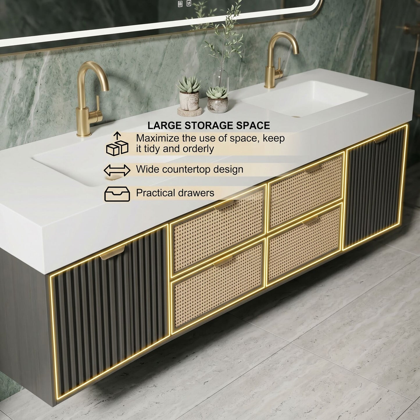 60''-96'' Double Bathroom Vanity with Sink Rattan Front Drawers Slat Panel Gold Pulls
