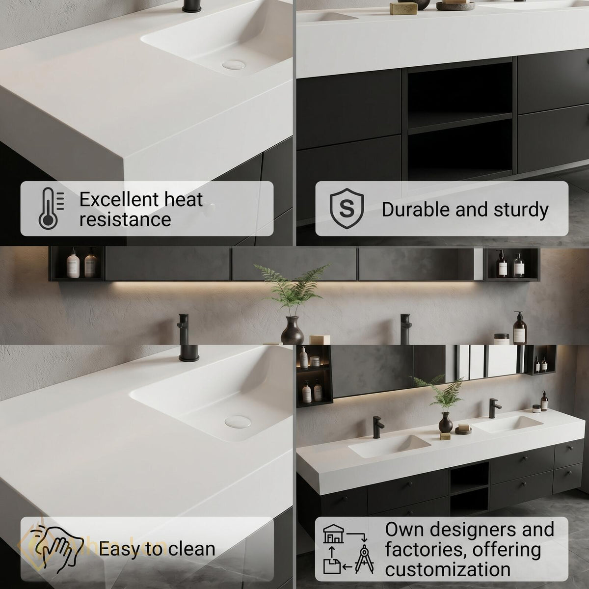 60''-96'' Double Bathroom Vanity with Sink Matte Black Finish Central Open Shelf