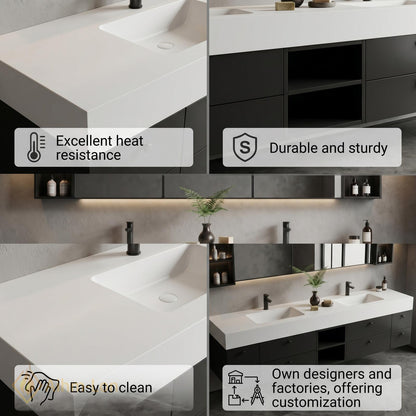 60''-96'' Double Bathroom Vanity with Sink Matte Black Finish Central Open Shelf