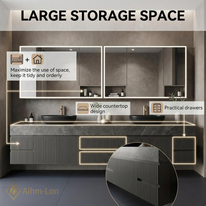 60''-96'' Modern Double Bathroom Vanity with Sink Floating Grey Marble Slatted Front
