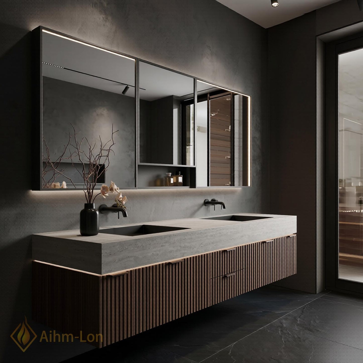 78''-96'' Modern Double Bathroom Vanity with Sink Floating Walnut Front Slatted Panel