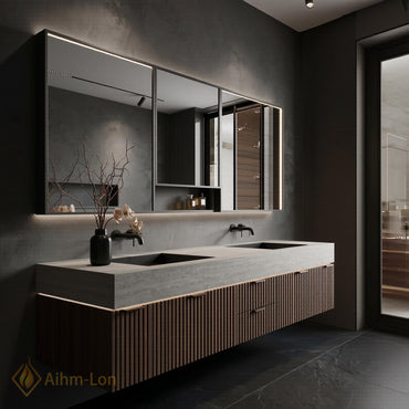 78''-96'' Modern Double Bathroom Vanity with Sink Floating Walnut Front Slatted Panel