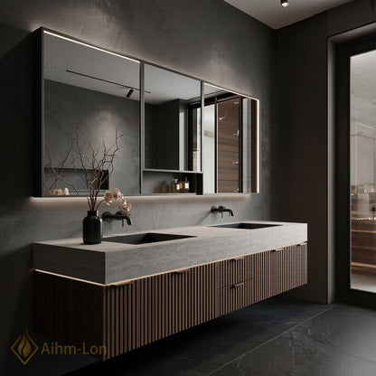 78''-96'' Modern Double Bathroom Vanity with Sink Floating Walnut Front Slatted Panel
