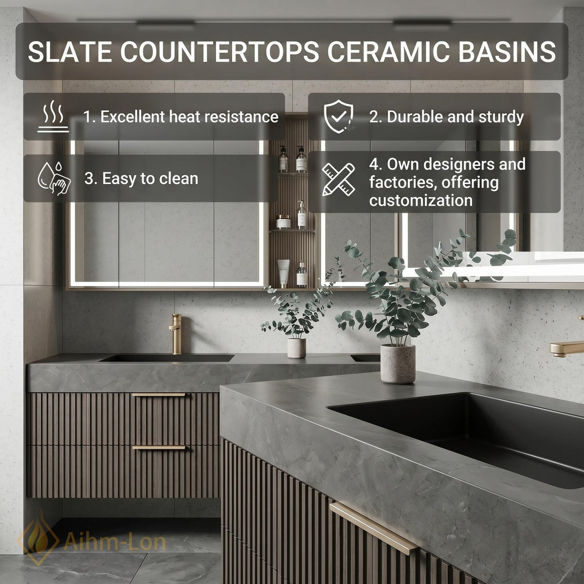 60''-96'' Bathroom Vanity with Sink Floating Double Grey Stone Top Slatted Front