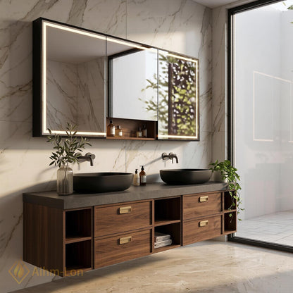 60''-96'' Double Bathroom Vanity with Sink Modern Floating Dark Walnut Open Shelving