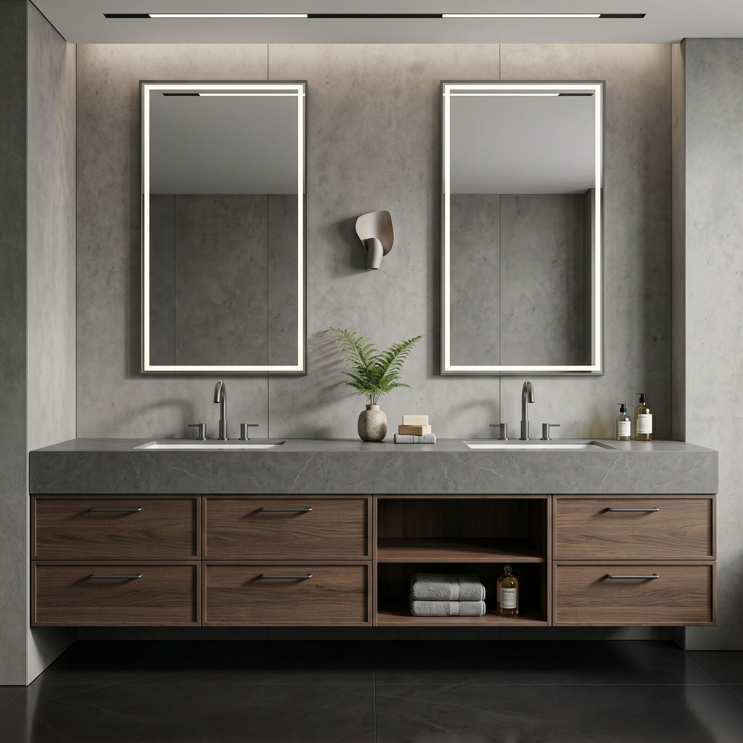 60''-96'' Modern Bathroom Vanity with Sink Double Sink Dark Wood Grain Center Open Shelf