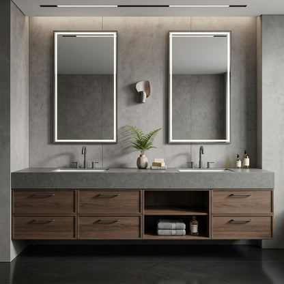 60''-96'' Modern Bathroom Vanity with Sink Double Sink Dark Wood Grain Center Open Shelf
