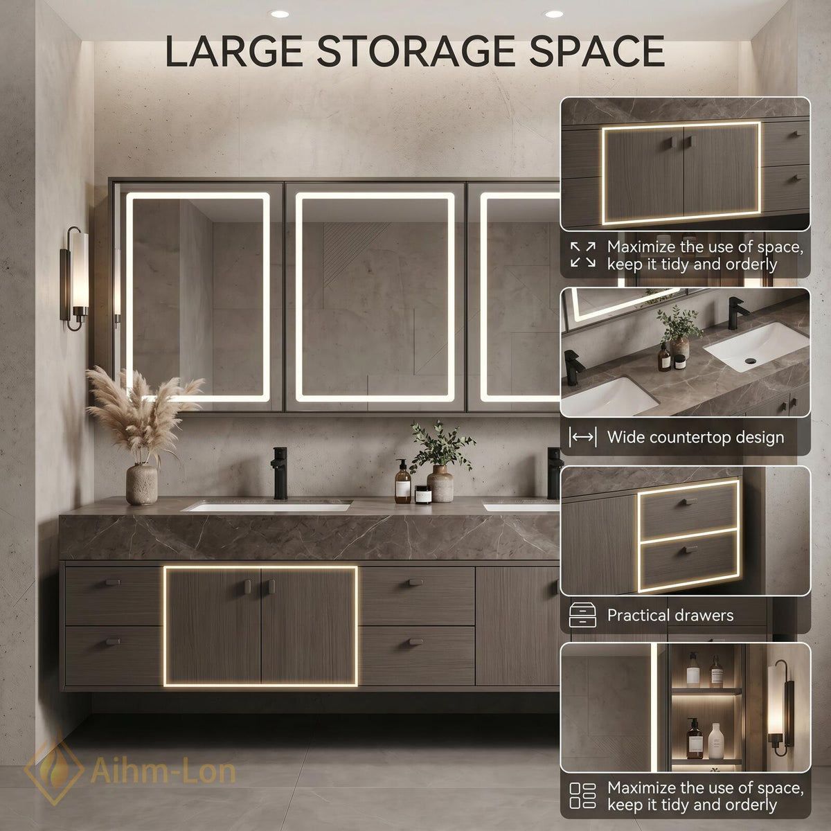 76''-96'' Double Bathroom Vanity with Sink Wall-Mounted Woodgrain Finish Grain Finish Mounted