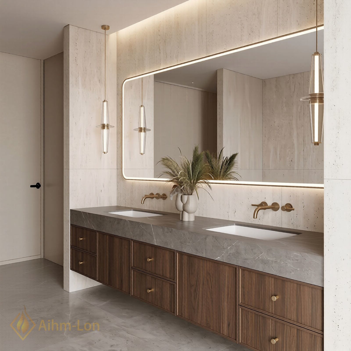60''-96'' Double Bathroom Vanity with Sink Dark Walnut Slatted Center Deep Drawers