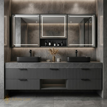 60''-96'' Double Bathroom Vanity with Sink Grey Stone Ribbed Panels Central Shelf