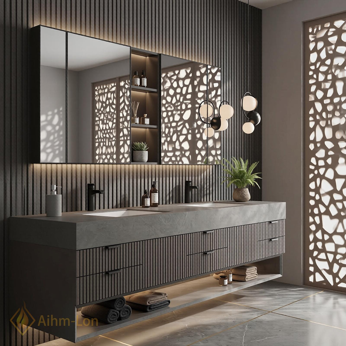 76''-96'' Double Bathroom Vanity with Sink Slatted Front Panel Dark Finish Shelving