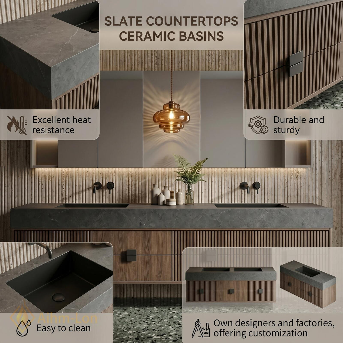 60''-96'' Double Bathroom Vanity with Sink Modern Floating Slatted Wood Front Sleek