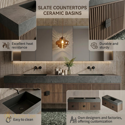 60''-96'' Double Bathroom Vanity with Sink Modern Floating Slatted Wood Front Sleek
