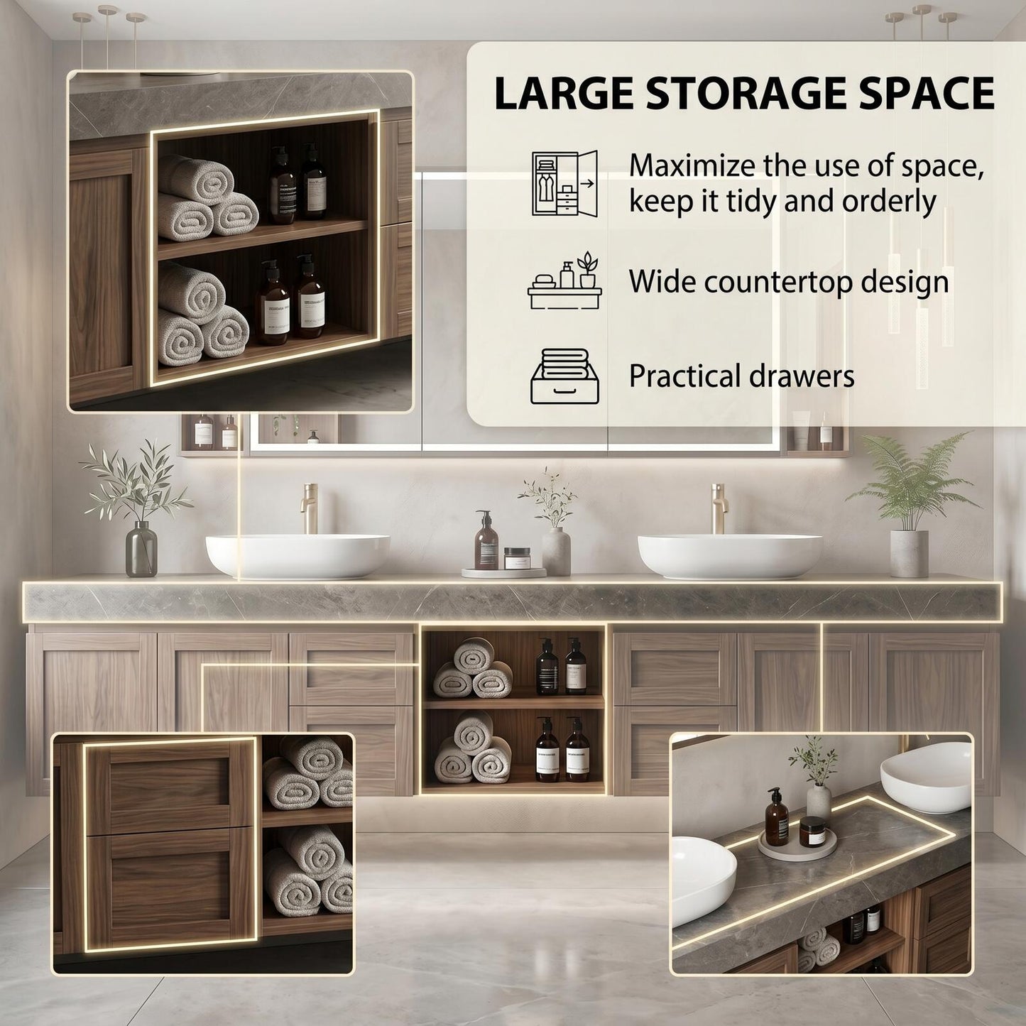 60''-96'' Floating Bathroom Vanity with Sink Double Sink Stone Top Dark Wood Open Shelving