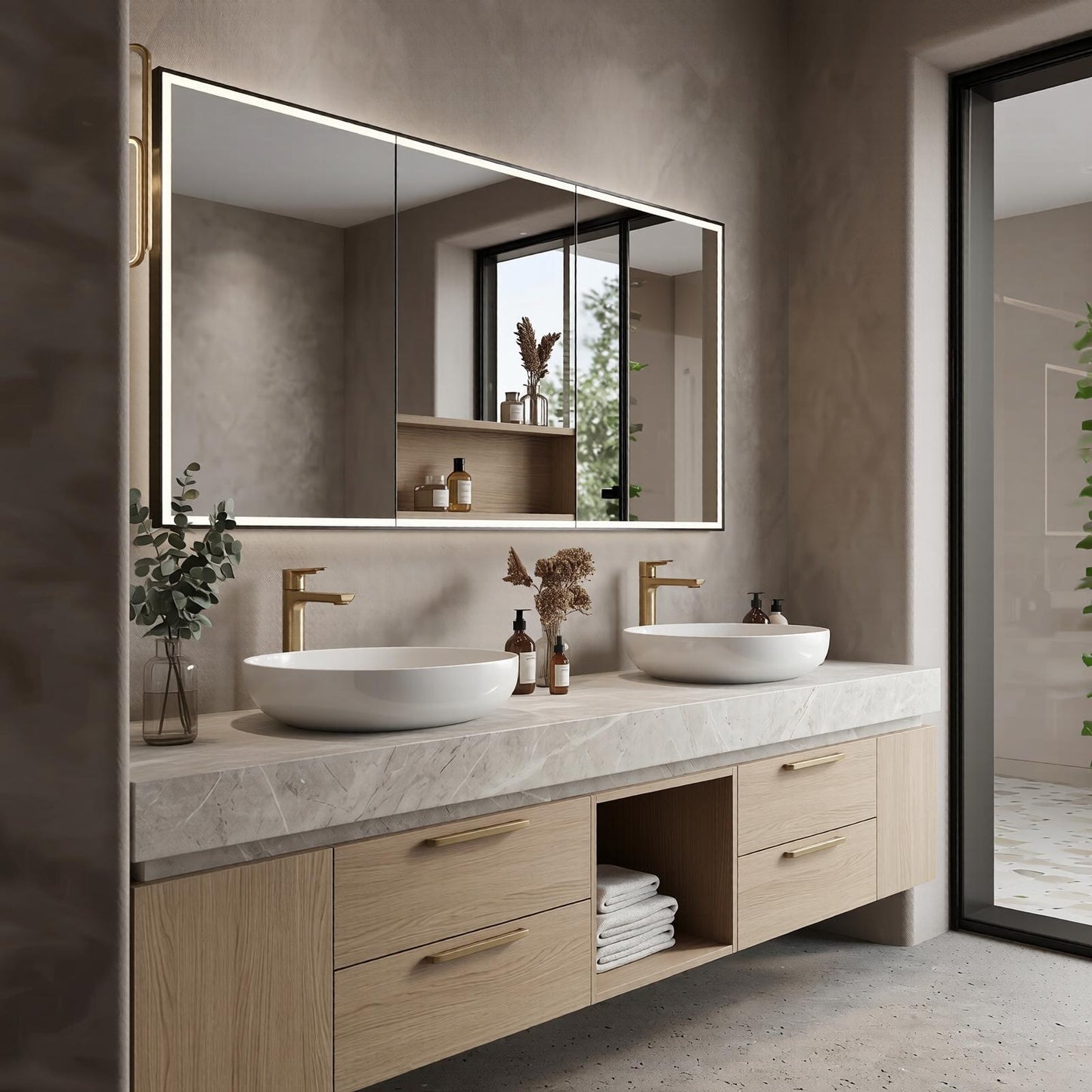 60''-96'' Elegant Bathroom Vanity with Sink Double Sink Light Oak Finish Open Center Storage