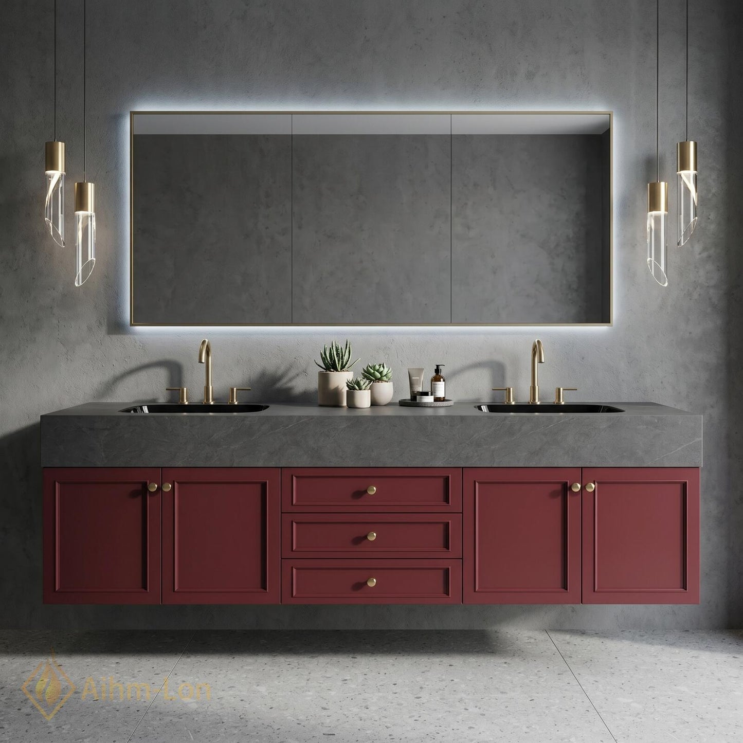 60''-96'' Modern Bathroom Vanity with Sink Floating Red Painted Undermount Drawers