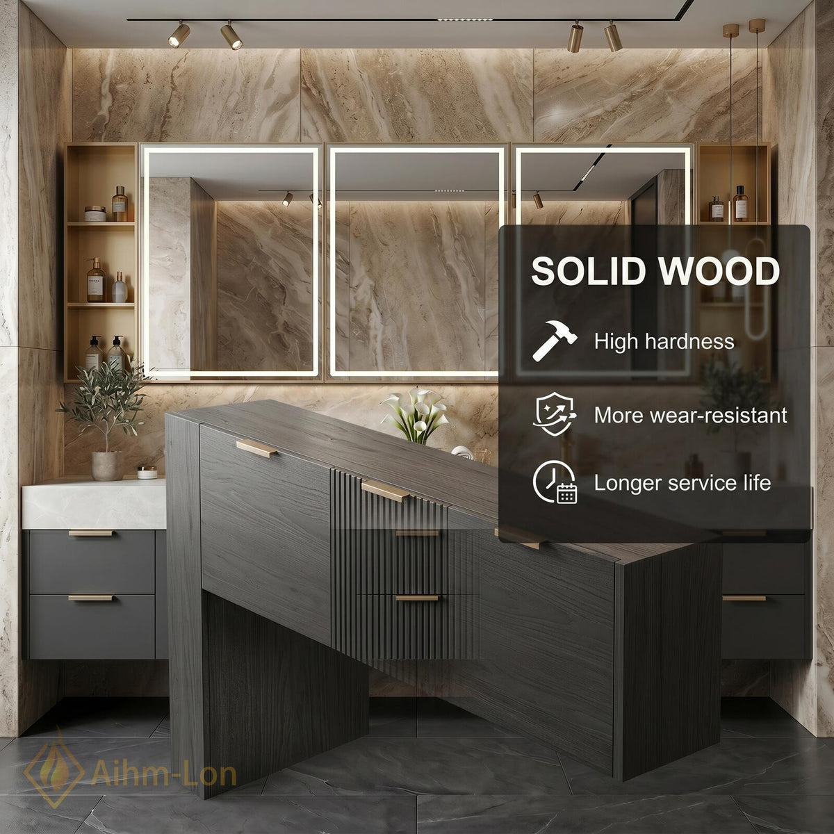 60''-96'' Double Bathroom Vanity with Sink Dark Stone Look Top Vertical Slats