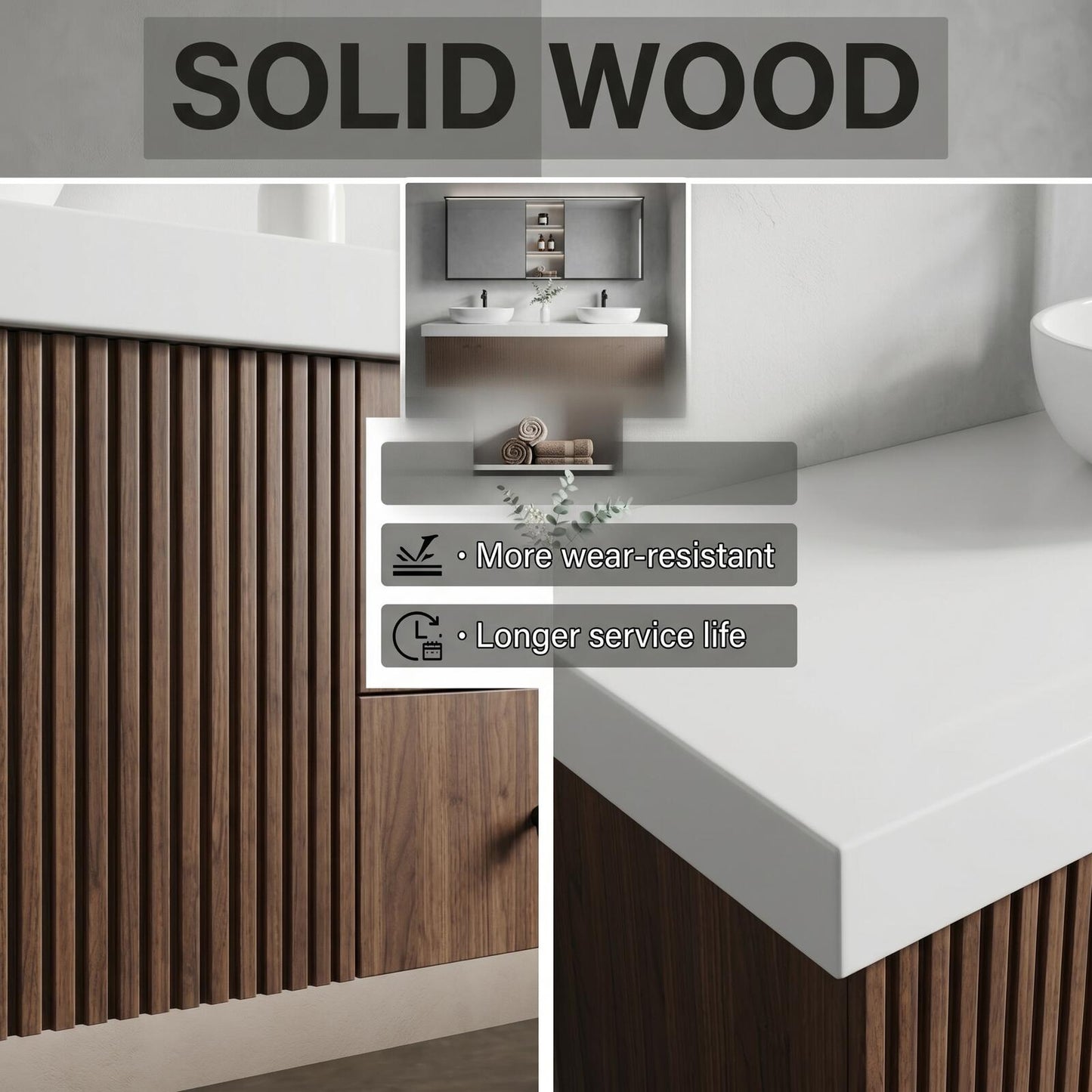 60''-96'' Modern Bathroom Vanity with Sink Dual Vessel Sinks Vertical Slatted Dark Cabinet