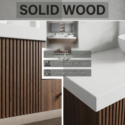 60''-96'' Modern Bathroom Vanity with Sink Dual Vessel Sinks Vertical Slatted Dark Cabinet