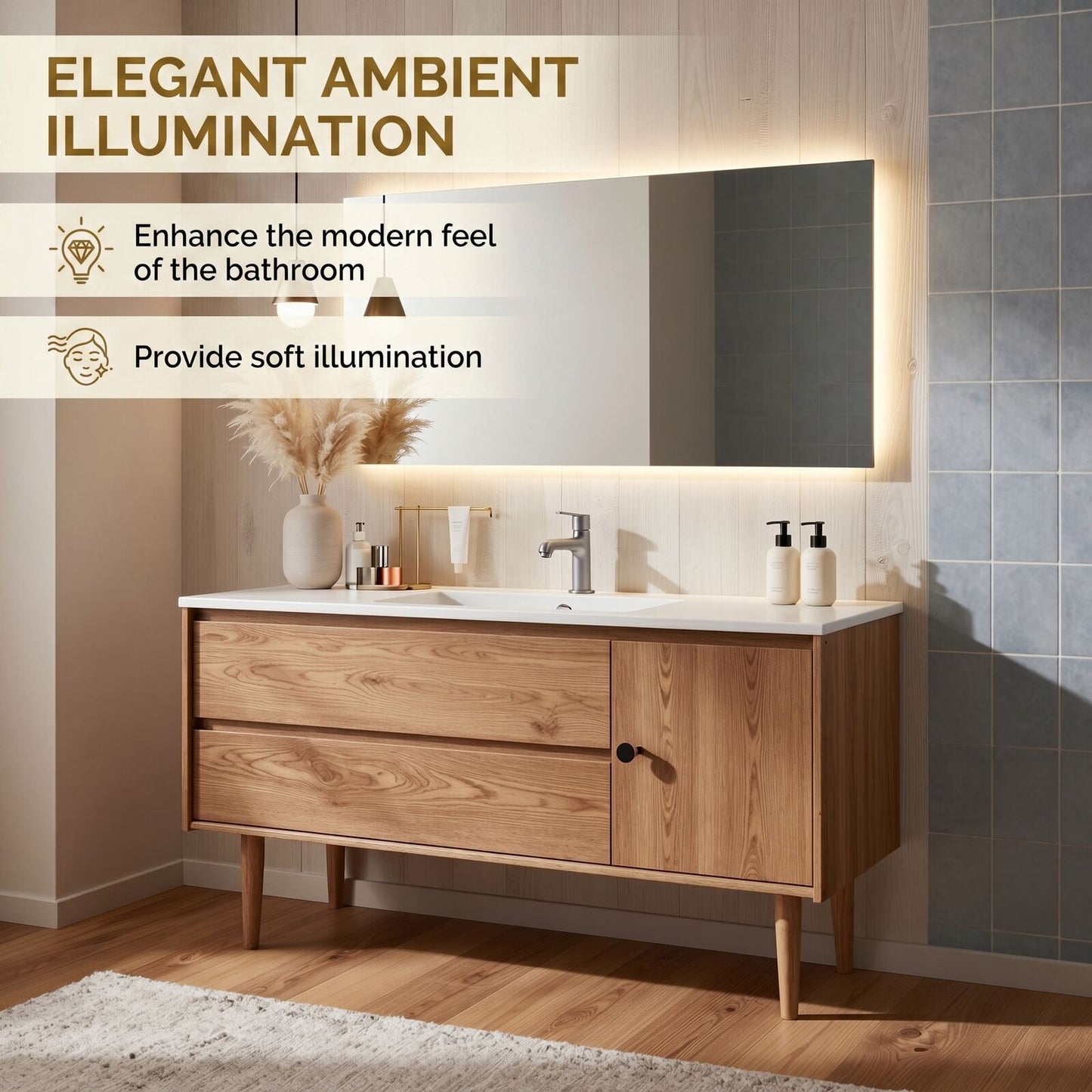 36''-64'' Modern Bathroom Vanity with Sink White Oak Tapered Leg Rectangular Mirror