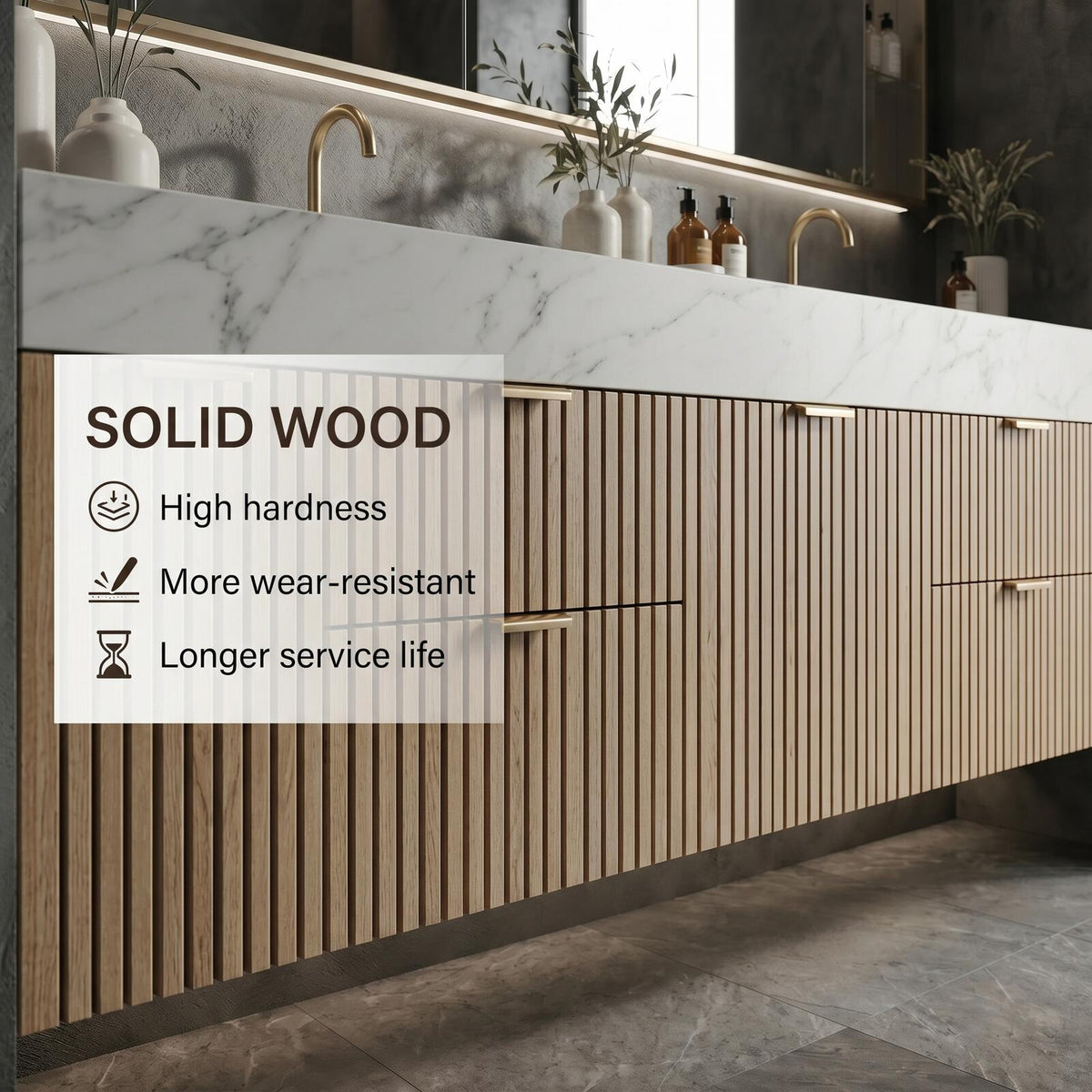 60''-96'' Double Bathroom Vanity with Sink Floating Warm Oak Slatted Finish Open Shelving