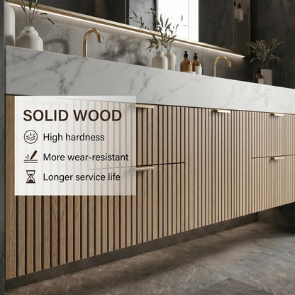 60''-96'' Double Bathroom Vanity with Sink Floating Warm Oak Slatted Finish Open Shelving