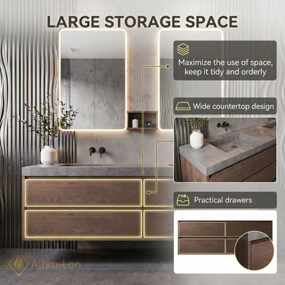 60''-96'' Floating Bathroom Vanity with Sink Dual Wall Mounted Textured Grey Stone Top Cabinet