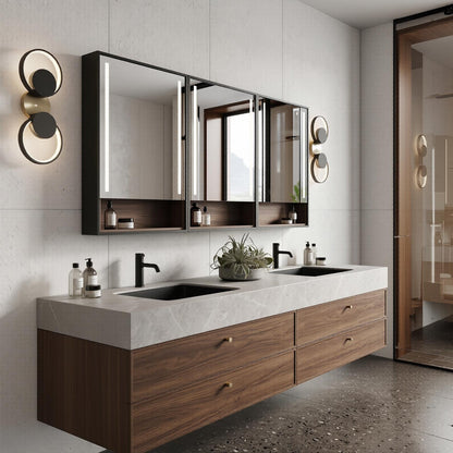 60''-96'' Modern Bathroom Vanity with Sink Dual Basins Wide Stone Dark Wood Drawers Cabinet