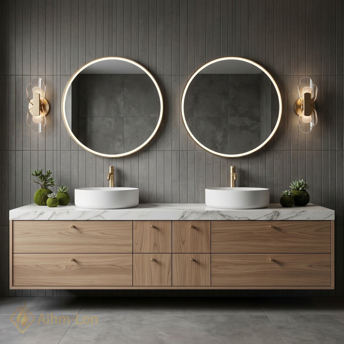 60''-96'' Double Bathroom Vanity with Sink Floating Wood-Grain Basin Frame Marble Pattern
