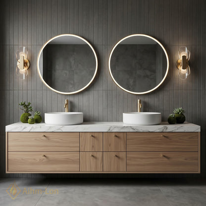 60''-96'' Double Bathroom Vanity with Sink Floating Wood-Grain Basin Frame Marble Pattern