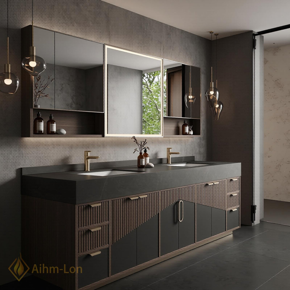 60''-96'' Double Bathroom Vanity with Sink Modern Ribbed Vertical Panels Dark Charcoal
