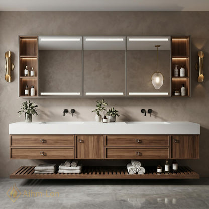 60''-96'' Double Bathroom Vanity with Sink Modern Floating Warm Wood Finish Open