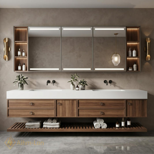 60''-96'' Double Bathroom Vanity with Sink Modern Floating Warm Wood Finish Open