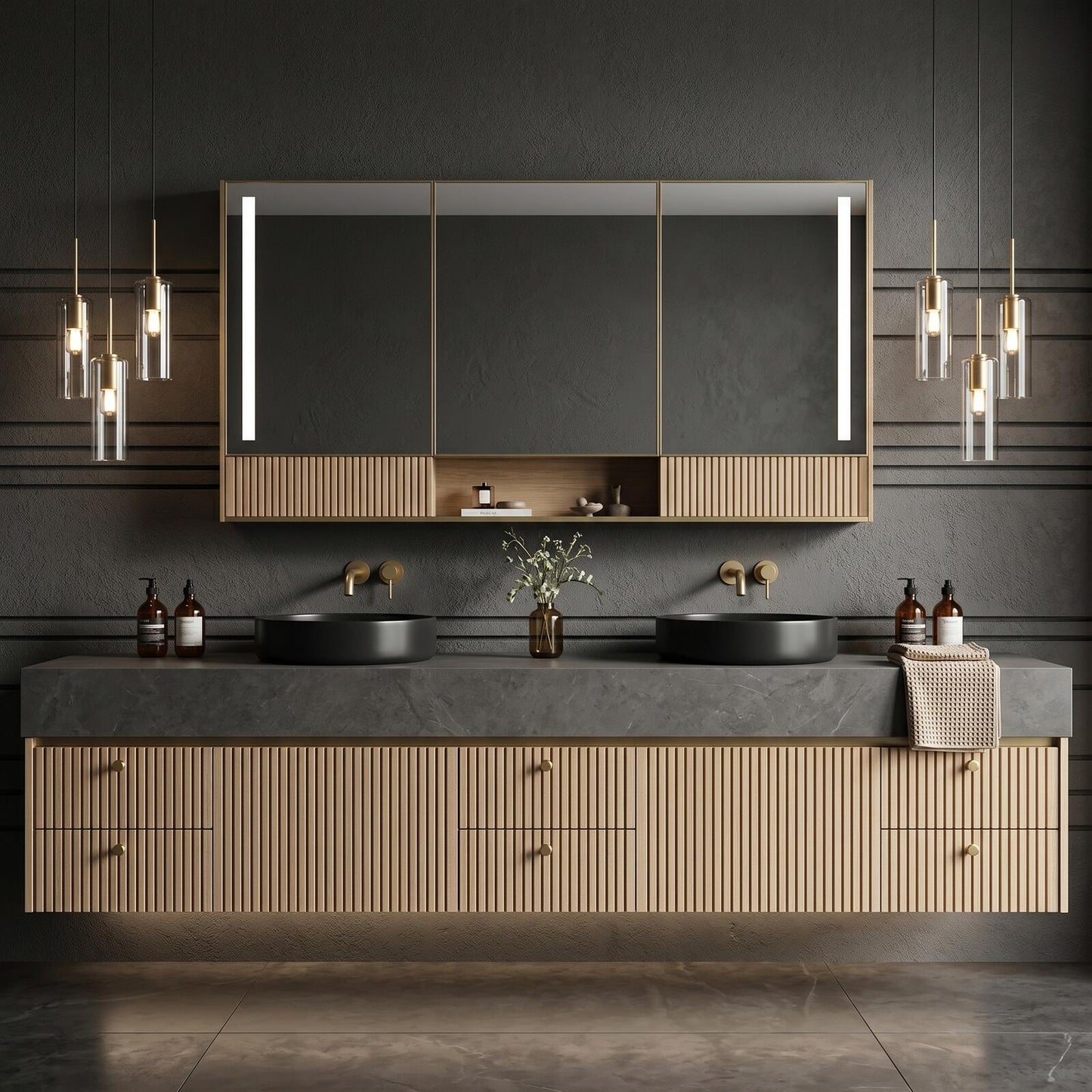 60''-96'' Modern Bathroom Vanity with Sink Floating Dark Stone Slatted Front Panels Cabinet
