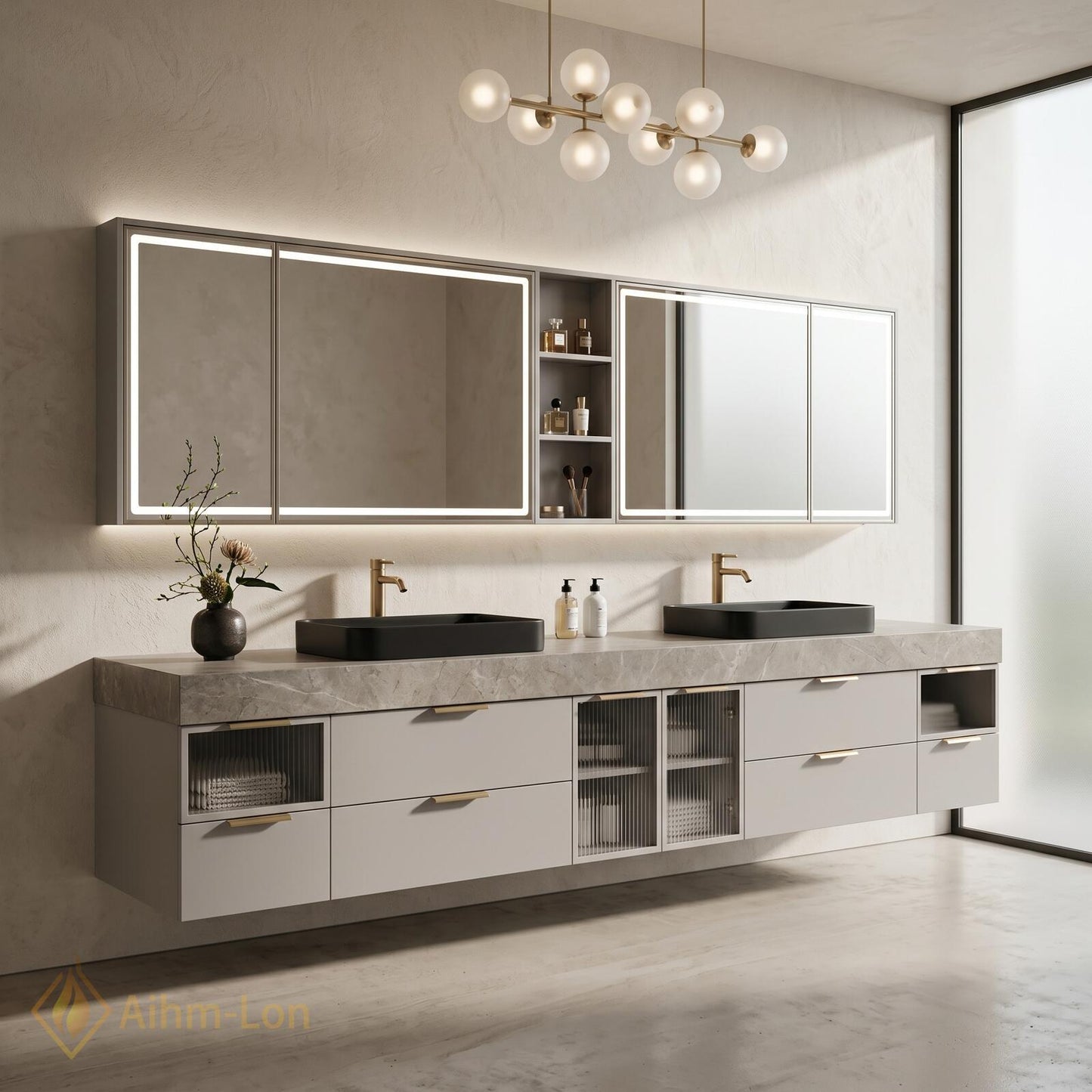 72''-96'' Double Bathroom Vanity with Sink Modern Marble-Top Fluted Glass Doors