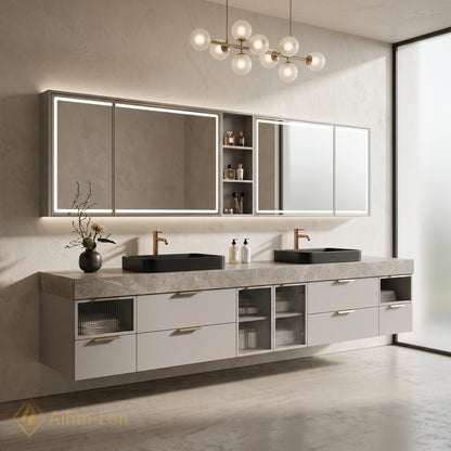 72''-96'' Double Bathroom Vanity with Sink Modern Marble-Top Fluted Glass Doors