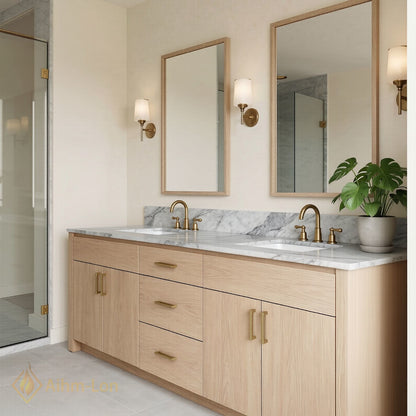 70''-96'' Modern Bathroom Vanity with Sink Light Wood Marble Brass Multi-Drawer Cabinet