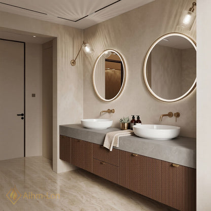 60''-96'' Double Bathroom Vanity with Sink Ribbed Wood Panels Warm Walnut Finish