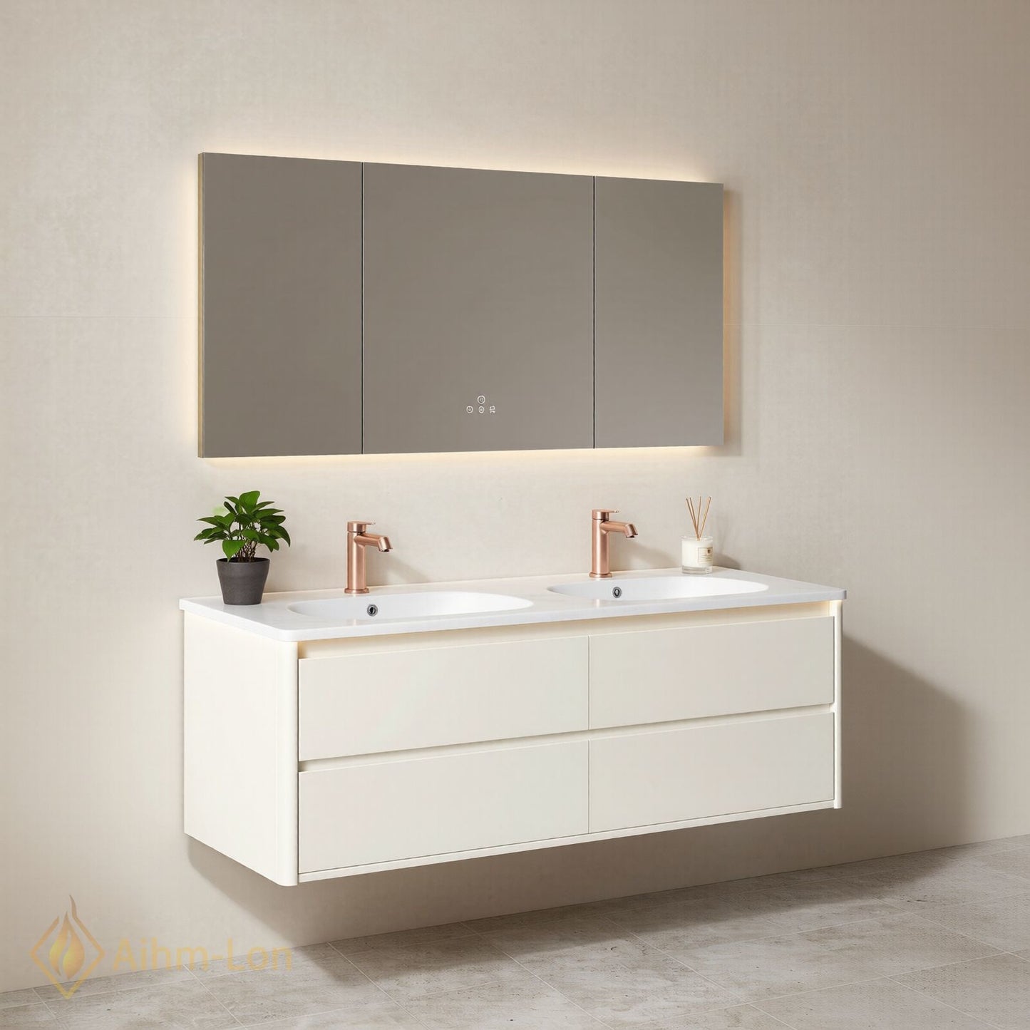 60''-96'' Modern Bathroom Vanity with Sink Floating Matte White Anti-Fog Mirror Drawers