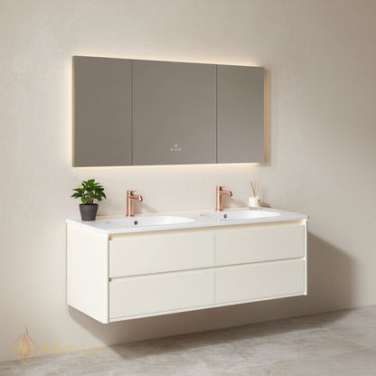 60''-96'' Modern Bathroom Vanity with Sink Floating Matte White Anti-Fog Mirror Drawers