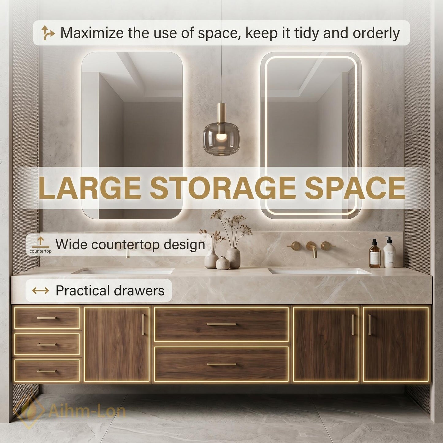70''-96'' Double Bathroom Vanity with Sink Floating Stone Marble-Top Storage Drawers