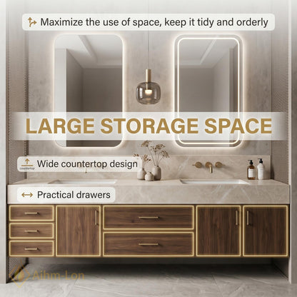 70''-96'' Double Bathroom Vanity with Sink Floating Stone Marble-Top Storage Drawers