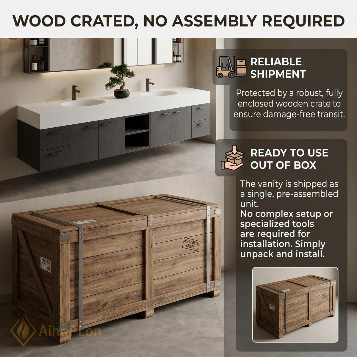 60''-96'' Double Bathroom Vanity with Sink Modern Floating Grey Stone Finish Open