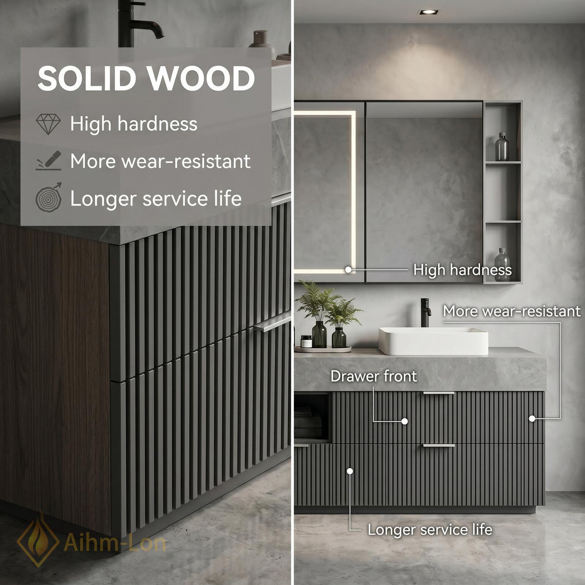 60''-96'' Double Bathroom Vanity with Sink Floating Slatted Drawers Concrete Texture Top