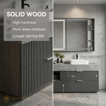 60''-96'' Double Bathroom Vanity with Sink Floating Slatted Drawers Concrete Texture Top