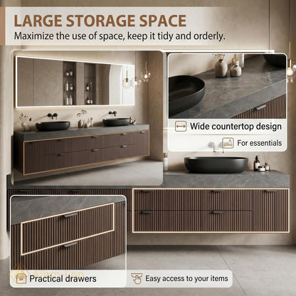 60''-96'' Bathroom Vanity with Sink Modern Floating Dark Wood Finish Slatted Front