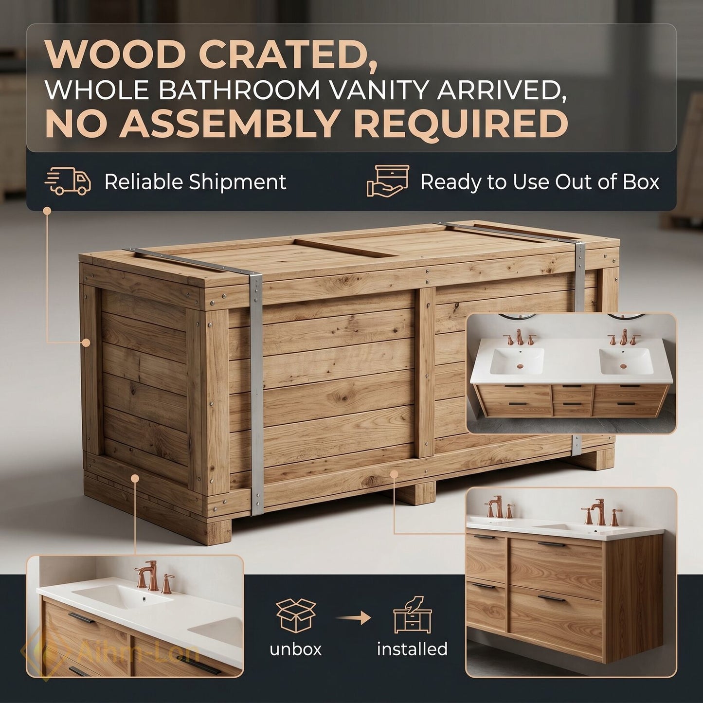 60''-96'' Modern Bathroom Vanity with Sink Oak Wood Grain Floating Drawers Countertop